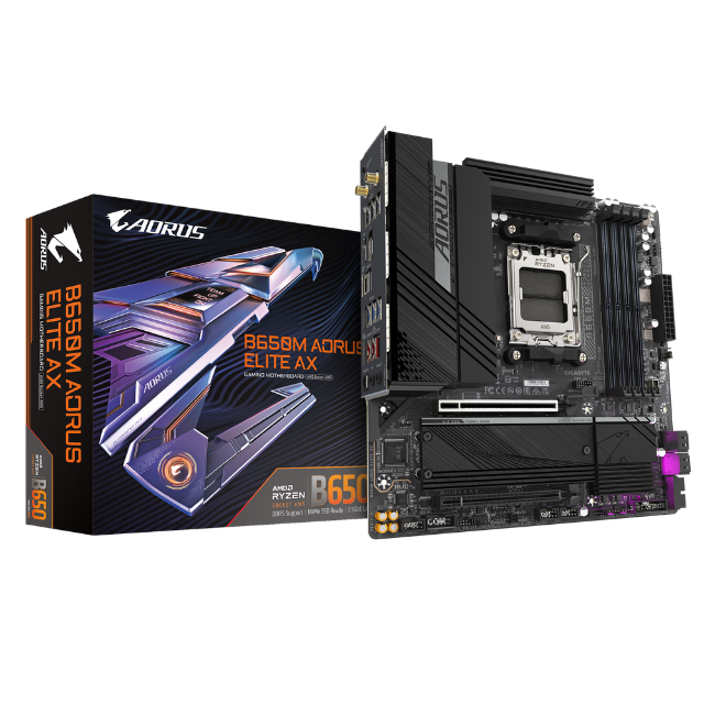 GIGABYTE B650M AORUS Elite AX (AM5/ LGA 1718/ AMD B650/ Micro-ATX/DDR5/ 2* M.2/ PCIe 5.0/ USB 3.2 Gen2X2 Type-C/Intel 2.5GbE LAN/Q-Flash Plus/EZ-Latch