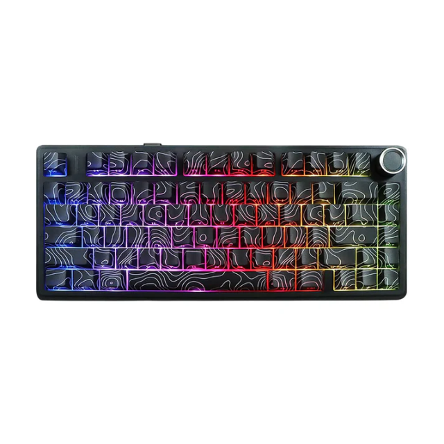 AULA F75 (Black Contour) teclado mecánico 75% inalámbrico (2.4GHz/BT/USB-C) con montaje Gasket, batería de 4000 mAh, perilla metálica, iluminación RGB South-facing y switches lineales LEOBOG Seiya hot-swappable.