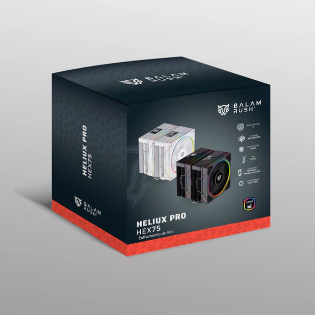 Enfriamiento de Aire | Heliux Pro HEX75 | Display para monitoreo de temperatura + RGB | 6 Pipas | TDP 270 W | Compatibilidad AMD + Intel | 2x Ven 120mm + Rodamiento Hidráulico + 600 - 2000 RPM + 74.27CFM + 30 dB + PWM 4 Pin + ARGB 3pin | Legend | Negro