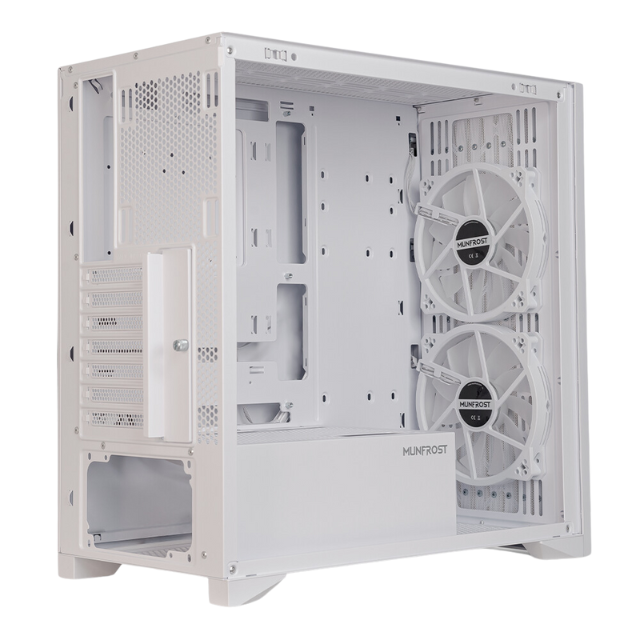 Gabinete Munfrost ALDER / Cristal Templado Reforzado / ATX-Micro ATX-Mini ITX / 2 Ventiladores 160mm Incluidos / Gran Flujo de Aire / Incluye Controlador Alder-1 / White