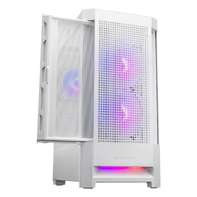 Gabinete Cougar DUOFACE RGB / Doble panel frontal: Malla y RGB / Cristal Templado / RGB / Excelente Flujo de Aire / Blanco / 385ZD10.0003