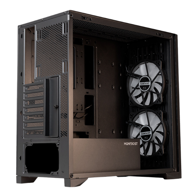 Gabinete Munfrost ALDER / Cristal Templado Reforzado / ATX-Micro ATX-Mini ITX / 2 Ventiladores 160mm Incluidos / Gran Flujo de Aire / Incluye Controlador Alder-1 / Black