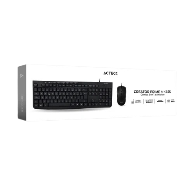 Combo 2 en 1 Alambrico | Creator Prime MK455 | Teclado Clásico Multimedia + Mouse / 1600 DPI | Essential Series | Negro