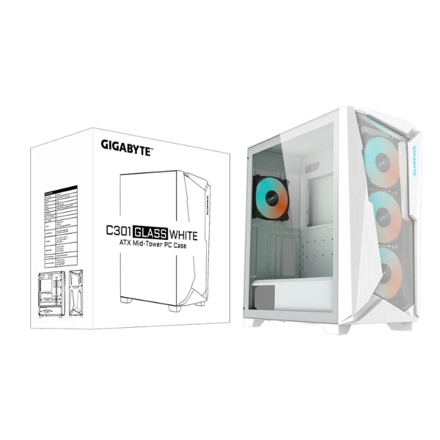 Gabinete Gigabyte C301 GLASS / Midi-Tower, ATX/E-ATX/Micro-ATX/Mini-ITX / Cristal Templado / USB 3.0/USB-C / Sin Fuente / 4 Ventiladores Instalados ARGB / Blanco / GB-C301GW