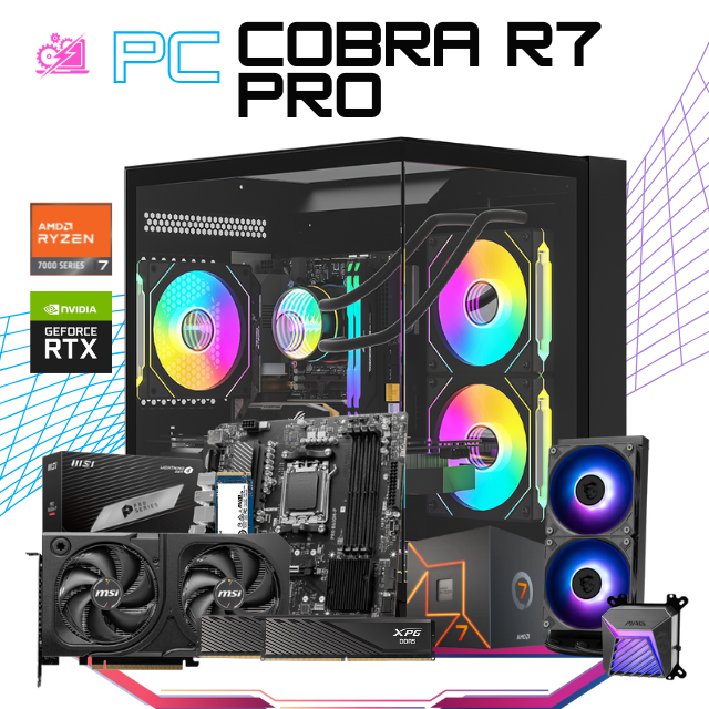 PC COBRA R7 PRO / AMD RYZEN 7 7700 / RTX 5060 TI 16GB / 32GB RAM DDR5 / 1TB SSD M.2 NVME / ENFRIAMIENTO LIQ 240MM / FUENTE 750W 80+ BRONZE / PROMOCION