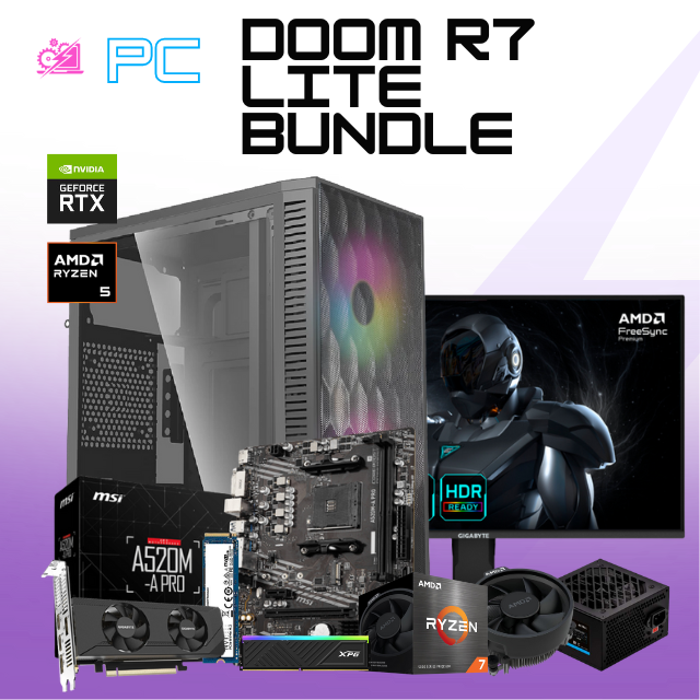 PC DOOM R7 LITE BUNDLE/ AMD RYZEN 7 5700 / RTX 3050 / 16GB RAM / 500GB SSD NVME / FUENTE 500W / INCLUYE MONITOR 24" FHD 200HZ 1MS / KIT TECLADO Y MOUSE/ PROMOCION