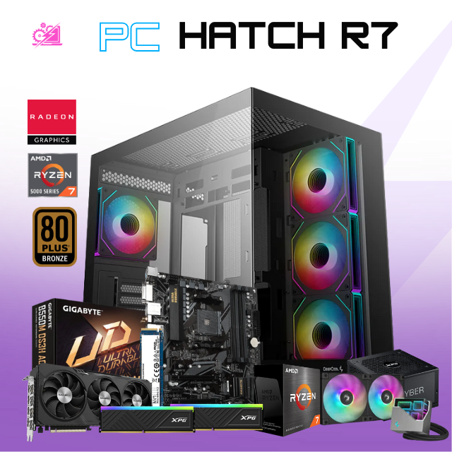 PC HATCH R7 / AMD RYZEN 7 5700X / RADEON RX 7700XT / 32GB RAM / 1TB SSD M.2 NVME / FUENTE 850W 80+ GOLD / ENFRIAMIENTO LIQ 240MM ARGB / PROMOCION