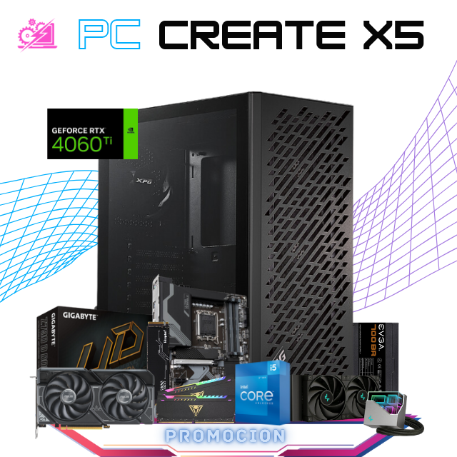 PC CREATE X5 / INTEL CORE I5-12600K / RTX 4060 TI / 32GB RAM / 1TB SSD M.2 NVME / ENFRIAMIENTO LIQ 240MM / FUENTE 700W 80+ BRONZE / PROMOCION