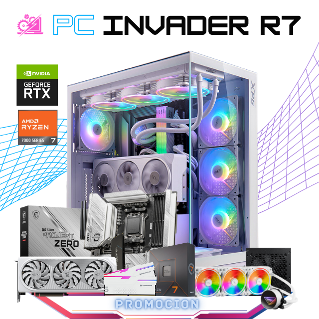 PC INVADER R7 / AMD RYZEN 7 7700X / RTX 4060 TI / 32GB RAM DDR5 / 1TB SSD M.2 NVME/ FUENTE 750W 80+ BRONZE / ENFRIAMIENTO LIQUIDO 360MM / W10 PRO / PROMOCION