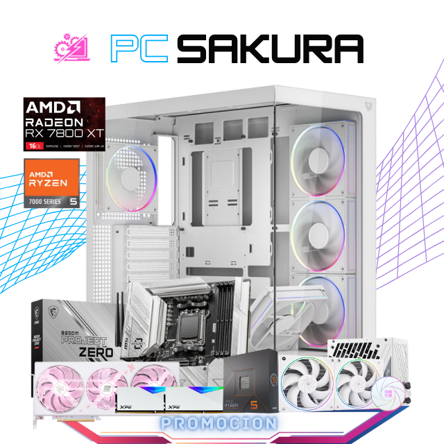 PC SAKURA / AMD RYZEN 5 7600X / RADEON RX 7800XT SAKURA ED / 32GB RAM DDR5 / 2TB SSD M.2 NVME / FUENTE 850W 80+ GOLD / ENFRIAMIENTO LIQ 240MM ARGB / PROMOCION