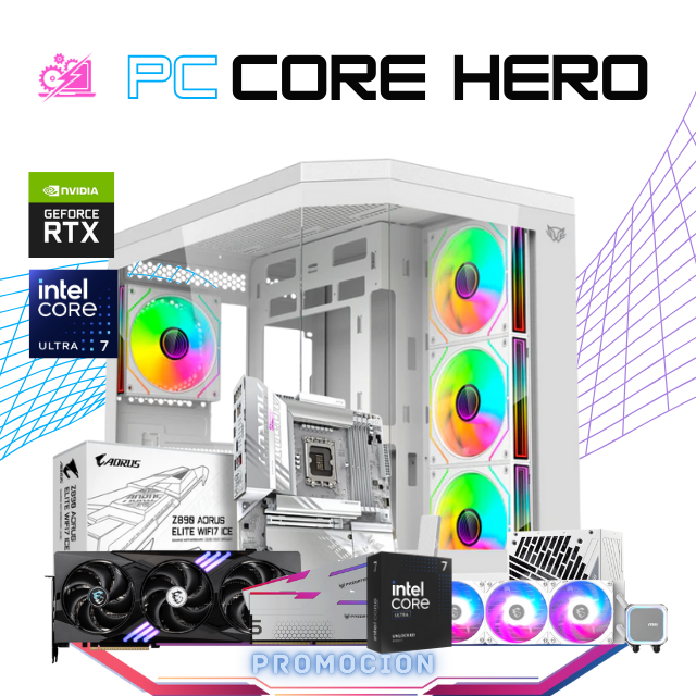 PC CORE HERO / INTEL CORE ULTRA 7 265KF / RTX 5070 / 32GB RAM DDR5 / 2TB SSD M.2 NVME / ENFRIAMIENTO LIQ 360MM / FUENTE 850W 80+ GOLD / PROMOCION