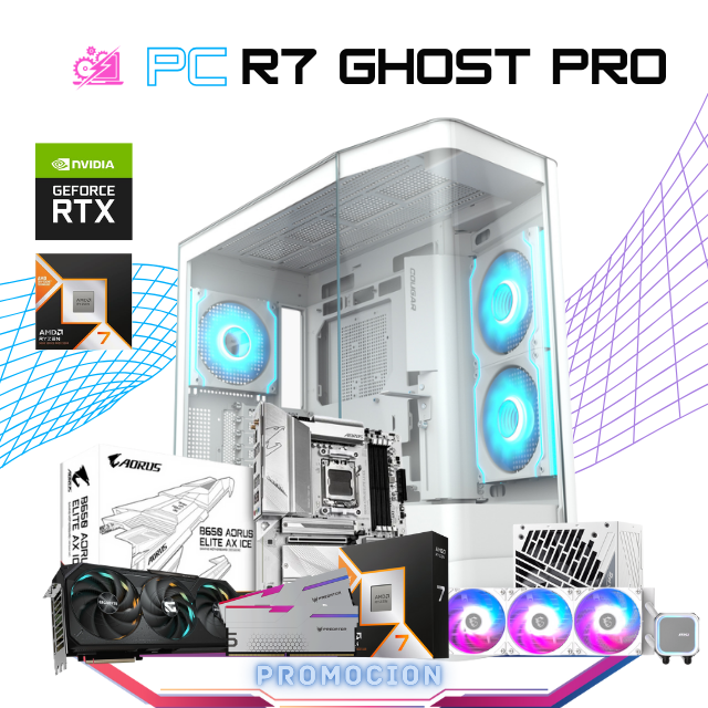 PC R7 GHOST PRO / AMD RYZEN 7 9800X3D / RTX 5070 TI / 32GB RAM DDR5 / 2TB SSD M.2 NVME / ENFRIAMIENTO LIQ 360MM/ FUENTE 850W 80+ GOLD / PROMOCION