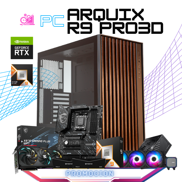 PC ARQUIX R9 PRO3D / AMD RYZEN 9 9950X3D / RTX 5070TI / 64GB RAM DDR5 / 2TB SSD NVME / ENFRIAMIENTO LIQ 360MM / FUENTE 850W 80+ GOLD / PROMOCION