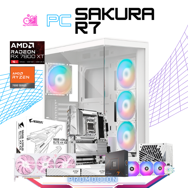 PC SAKURA R7 / AMD RYZEN 7 7700X / RADEON RX 7800 XT / 32GB RAM DDR5 / 2TB SSD NVME / ENFRIAMIENTO LIQ 360MM/ FUENTE 850W 80+ GOLD / PROMOCION