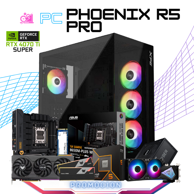 PC PHOENIX R5 PRO / AMD RYZEN 5 9600X / RTX 4070 TI SUPER / 32GB RAM DDR5/ 1TB SSD M.2 NVME / ENFRIAMIENTO LIQ 240MM / FUENTE 850W 80+ GOLD / PROMOCION