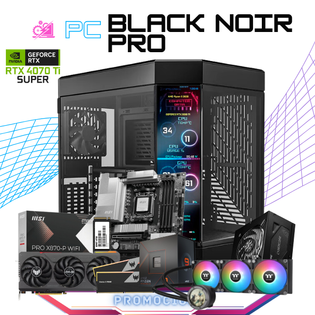 PC BLACK NOIR PRO / AMD RYZEN 9 7950X / RTX 4070 TI SUPER / 64GB RAM / 4TB SSD M.2 NVME / ENFRIAMIENTO LIQ 360MM / FUENTE 1000W 80+ PLATINUM / PROMOCION