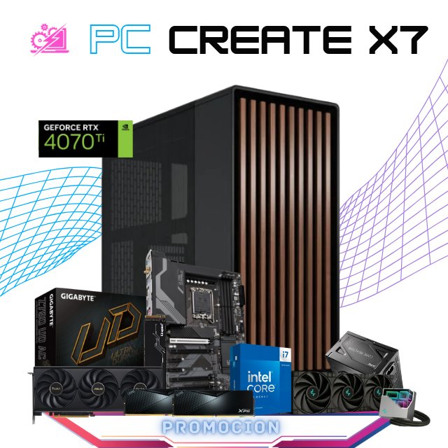 PC CREATE X7 / INTEL CORE I7-14700K / RTX 4070 TI / 32GB RAM DDR5 / 1TB SSD M.2 NVME / ENFRIAMIENTO LIQ 360MM / FUENTE 850W 80+ GOLD / PROMOCION