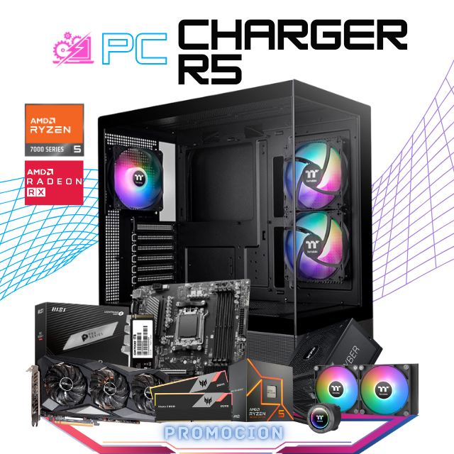 PC CHARGER R5 / AMD RYZEN 5 7600 / RADEON RX 6750XT / 32GB RAM DDR5 / 2TB SSD M.2 NVME / ENFRIAMIENTO LIQ 240MM / FUENTE 750W 80+ GOLD / PROMOCION