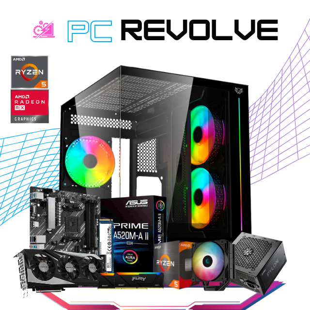 PC REVOLVE / AMD RYZEN 5 5500 / RADEON RX 7600 / 16GB RAM / 1TB SSD M.2 NVME / DISIPADOR DE TORRE ARGB / FUENTE 550W 80+ BRONZE / W10 PRO / PROMOCION