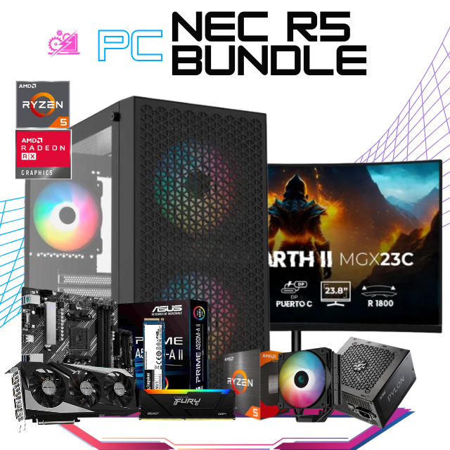 PC NEC R5 BUNDLE / AMD RYZEN 5 5500 /. RADEON RX 7600 / 16GB RAM / 500GB SSD M.2 NVME / DISIPADOR DE TORRE ARGB / FUENTE 550W 80+ BRONZE / INCLUYE MONITOR BALAMRUSH 165HZ 1MS 23.8" / INLCUYE TECLADO Y MOUSE DE REGALO / PROMOCION