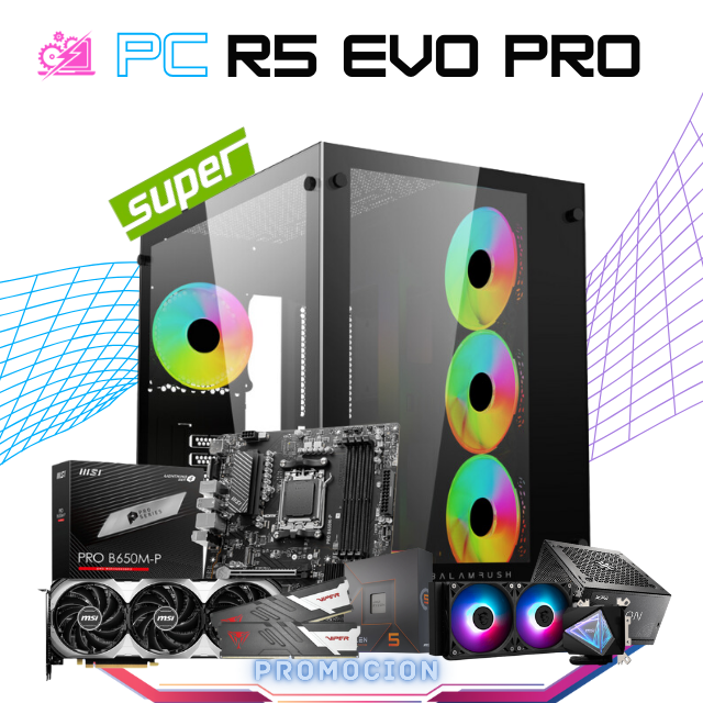 PC AMD EVO R5 PRO / AMD RYZEN 5 7600X / RTX 4070 SUPER / 16GB RAM DDR5 / 1TB SSD M.2 NVME / ENFRIAMIENTO LIQ 240MM / FUENTE 750W 80+ BRONZE/ PROMOCION