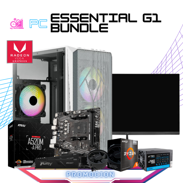 PC ESSENTIAL G1 BUNDLE / AMD RYZEN 5 5600GT /RADEON VEGA 7 / 16GB RAM / 500GB SSD M.2 NVME / FUENTE 500W / MONITOR ACTECK 21.5" FHD 75HZ / KIT TECLADO Y MOUSE / PROMOCION