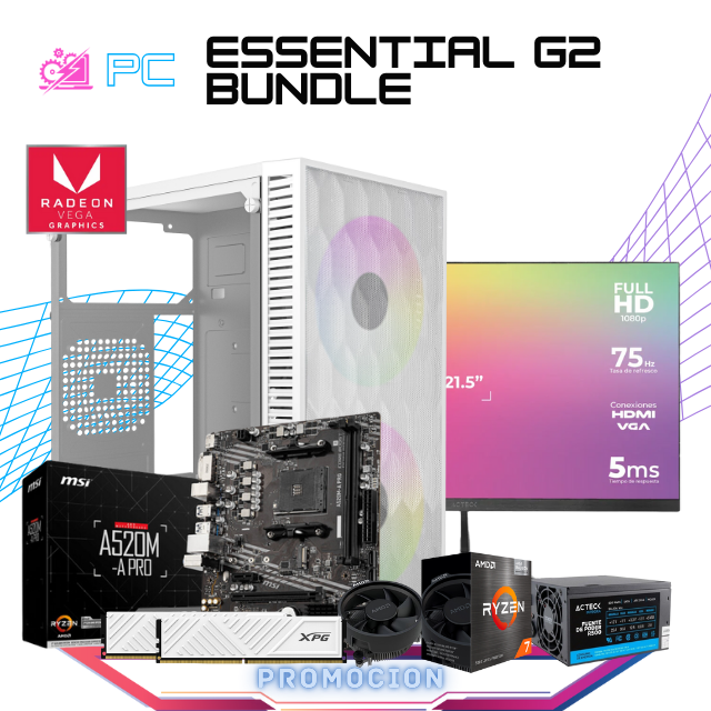 PC ESSENTIAL G2 / AMD RYZEN 7 5700G / RADEON VEGA 7 / 16GB RAM / 500GB SSD M.2 NVME / FUENTE 500W /INLCUYE MONITOR 21.5" FHD 75HZ / INCLUYE KIT TECLADO Y MOUSE/ PROMOCION