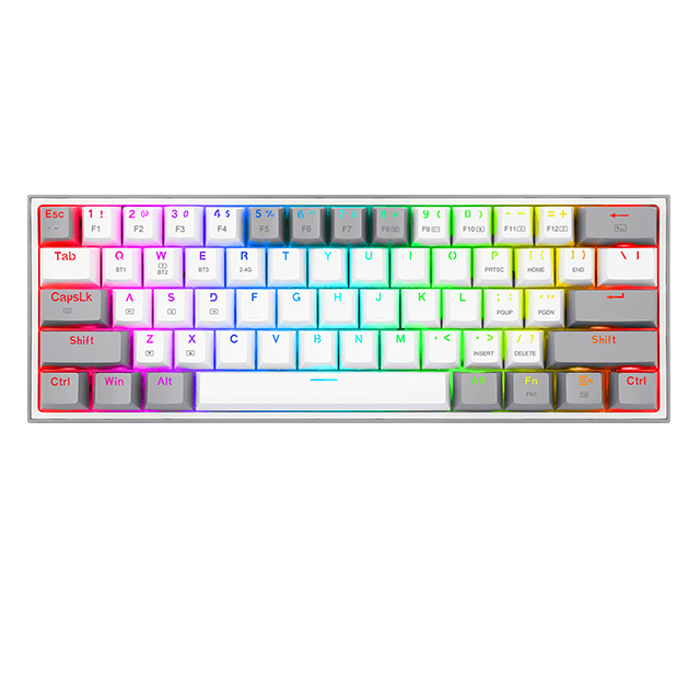 Teclado Gamer Mecánico 60% Redragon Fizz Pro White Grey, Switches Redragon Red, Alámbrico, USB 2.4Ghz, Bluetooth 5.0, Iluminación RGB, Ingles - K616-RGB