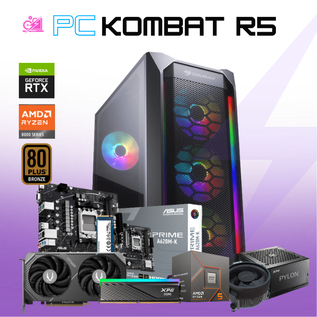 PC KOMBAT R5 / AMD RYZEN 5 8400F / RTX 5060 / 16GB RAM DDR5 / 500GB SSD NVME / FUENTE 650W 80+ BRONZE / A620M / W11 PRO / PROMOCION