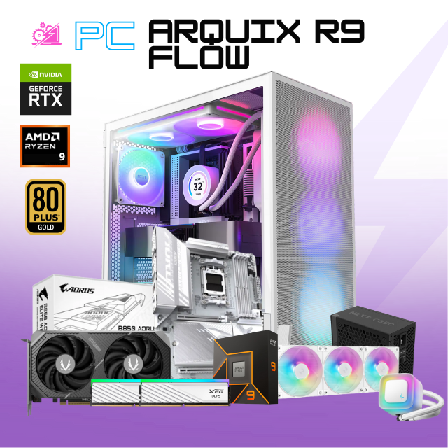 PC ARQUIX R9 FLOW / AMD RYZEN 9 9900X / RTX 5060 TI 16G / 32GB RAM DDR5 / 1TB SSD NVME / ENFRIAMIENTO LIQ 360MM / FUENTE 850W 80+ GOLD / W11 PRO / PROMOCION