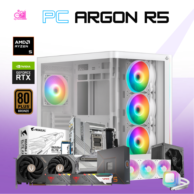 PC ARGON R5 / AMD RYZEN 5 9600X / RTX 5060 TI 16G / 32GB RAM DDR5 / 1TB SSD M.2 NVME / ENFRIAMIENTO LIQ 360MM / B650M / FUENTE 750W 80+ BRONZE / W11 PRO / PROMOCION