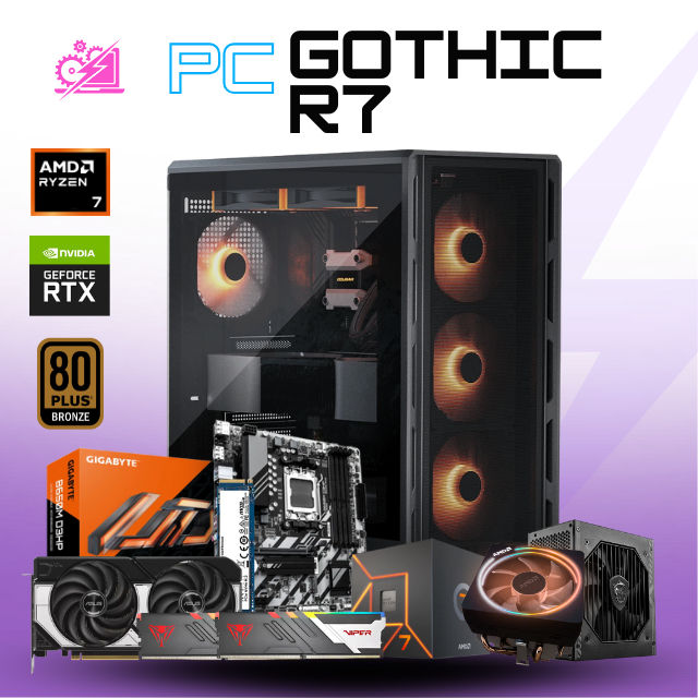 PC GOTHIC R7/ AMD RYZEN 7 7700 / RTX 5070 / 32GB RAM DDR5 / 1TB SSD NVME / DISIPADOR DE TORRE / FUENTE 750W 80+ BRONZE / W11 PRO / PROMOCION