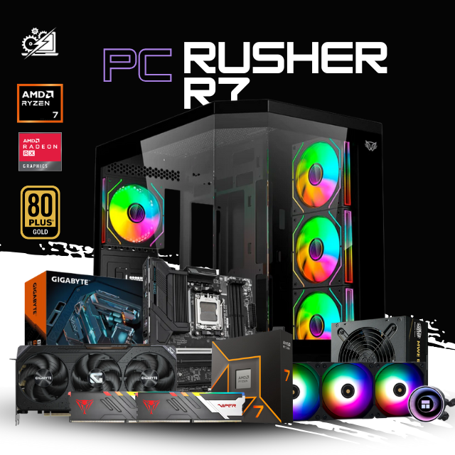 PC RUSHER R7 / AMD RYZEN 7 9700X / RADEON RX 9070 16GB / 32GB RAM DDR5 / 2TB SSD NVME / ENFRIAMIENTO LIQ 360MM / FUENTE 850W 80+ GOLD / W11 PRO / PROMOCION