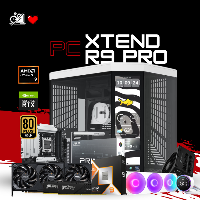 PC XTEND R9 PRO / AMD RYZEN 9 9900X3D / RTX 5080 / 64GB RAM DDR5 / 2TB SSD NVME / ENFRIAMIENTO LIQ CON PANTALLA / FUENTE 1000W 80+ GOLD / W11 PRO / PROMOCION