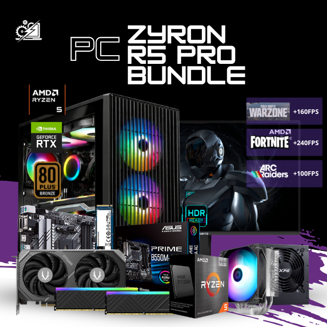 PC ZYRON R5 PRO BUNDLE / AMD RYZEN 5 5500X3D / RTX 5060 TI 16G/ 32GB RAM / 1TB SSD NVME / DISIPADOR DE TORRE 120MM/ FUENTE 700W 80+ BRONZE/ MONITOR 24" FHD 200HZ/ W11 PRO / PROMOCION