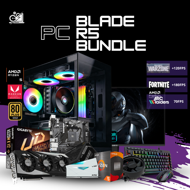 PC BLADE R5 BUNDLE / AMD RYZEN 5 5500 / RADEON RX 7600 8GB / 16GB RAM / 500GB SSD NVME / FUENTE 650W 80+ GOLD / MONITOR 24" FHD 200HZ 1MS / KIT TECLADO Y MOUSE / W11 PRO / PROMOCION
