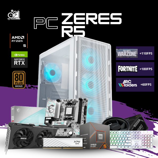 PC ZERES R5 / AMD RYZEN 5 8400F / RTX 5050 / 16GB RAM DDR5 / 1TB SSD NVME / B840M / WIFI / BLUETOOTH / FUENTE 650W 80+ BRONZE / W11 PRO / PROMOCION