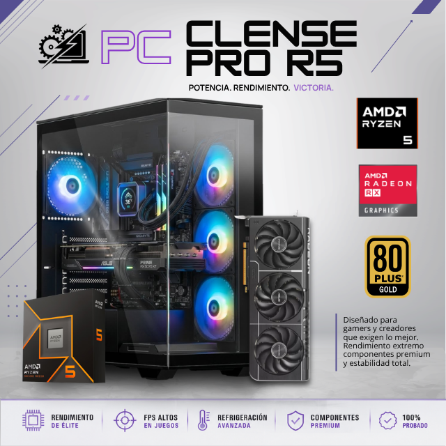 PC CLENSE PRO R5  / AMD RYZEN 5 9600X / RADEON RX 9070 XT 16G / 32GB RAM DDR5 / 1TB SSD NVME / ENFRIAMIENTO LIQ 240MM / FUENTE 850W 80 + GOLD / W11 PRO / PROMOCION