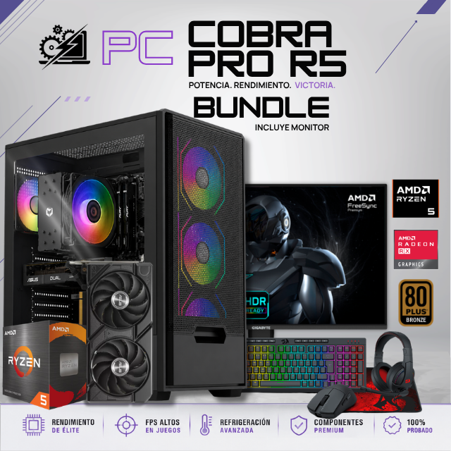 PC COBRA PRO R5 BUNDLE / AMD RYZEN 5 5500 / RADEON RX 7600 / 16GB RAM / 1TB SSD NVME / FUENTE 650W 80+ BRONZE / W11 PRO / MONITOR 24" FHD 200HZ / KIT TECLADO Y MOUSE / PROMOCION