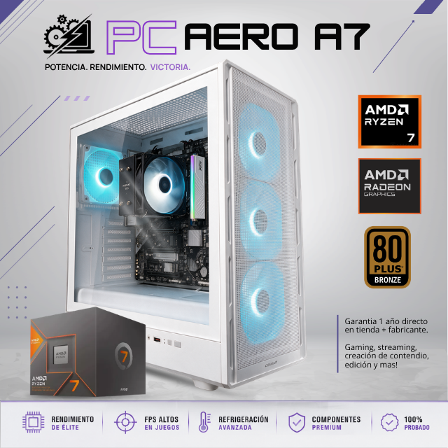 PC AERO R7 / AMD RYZEN 7 8700G / RADEON VEGA GRAPHICS / 16GB RAM DDR5 / 500GB SSD / 650W 80+ BRONZE / DISIPADOR DE TORRE 120MM / W11 PRO / PROMOCION