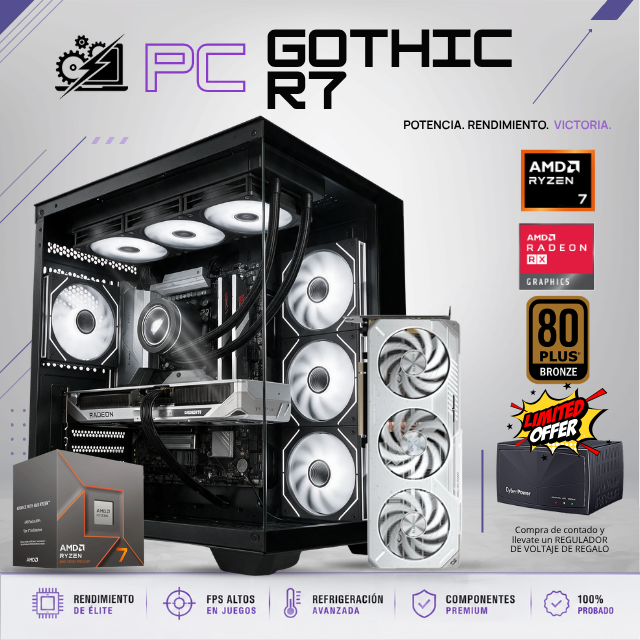PC GOTHIC R7 / AMD RYZEN 7 8700F/ RADEON RX 9060 XT 16G / 32GB RAM DDR5 / 1TB SSD NVME / ENFRIAMIENTO LIQUIDO 360MM / FUENTE 700W 80+ BRONZE / W11 PRO / PROMOCION