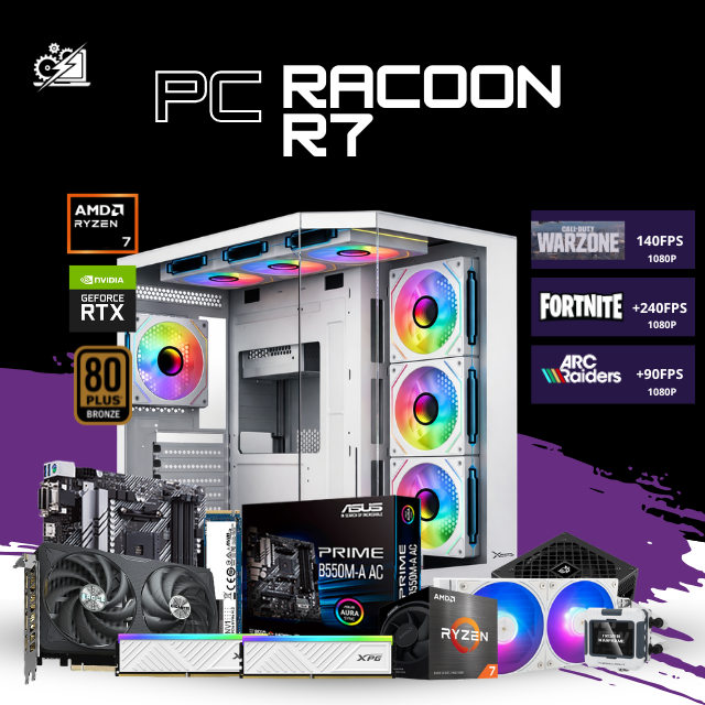 PC RACOON R7 / AMD RYZEN 7 5700 / RTX 5060 TI 8GB / 16GB RAM/ 1TB SSD NVME / FUENTE 750W 80+ BRONZE / ENFRIAMIENTO LIQUIDO 240MM / B550M / WIFI Y BT / W11 PRO / PROMOCION