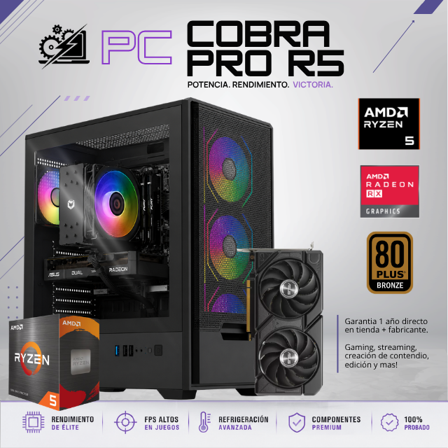 PC COBRA PRO R5 / AMD RYZEN 5 5500 / RADEON RX 7600 / 16GB RAM / 1TB SSD NVME / DISIPADOR DE TORRE 120MM / FUENTE 650W 80+ BRONZE / W11 PRO/ PROMOCION