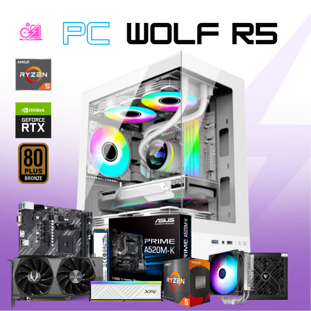 PC WOLF R5 / AMD RYZEN 5 4500 / RTX 3060 / 16GB RAM / 1TB SSD NVME / DISIPADOR DE TORRE ARGB /A520M / FUENTE 750W 80+ BRONZE/ W11 PRO / PROMOCION