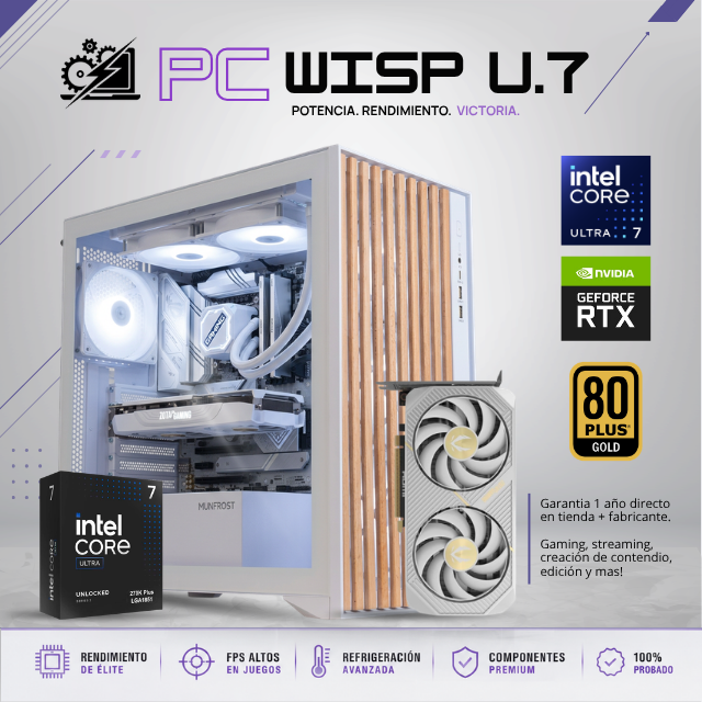PC WISP U7 / INTEL CORE ULTRA 7 270K / RTX 5060 TI / 48GB RAM DDR5 / 1TB SSD NVME / ENFRIAMIENTO LIQ 360MM / 850W 80+ GOLD / B860 WIFI Y BLUETOOTH / W11 PRO / PROMOCION