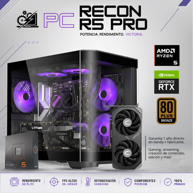 PC RECON R5 PRO / AMD RYZEN 5 7600X / RTX 5060 TI 16G / 24GB RAM DDR5 / 1TB SSD NVME / 700W 80+ BRONZE / ENFRIAMIENTO LIQ 240MM / W11 PRO / PROMOCION