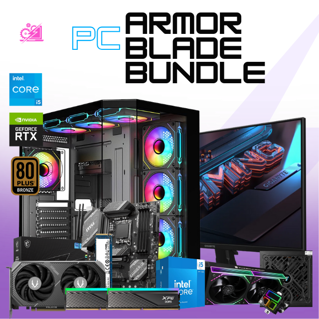 PC ARMOR BLADE BUNDLE / INTEL CORE I5-14400F/ RTX 5060 TI 16G / 32GB RAM DDR5 / 1TB SSD NVME / ENFRIAMIENTO LIQ 240MM / FUENTE 750W 80+ BRONZE /MONITOR 27" 1440P 180HZ 1MS GIGABYTE/ W11 PRO / PROMOCION