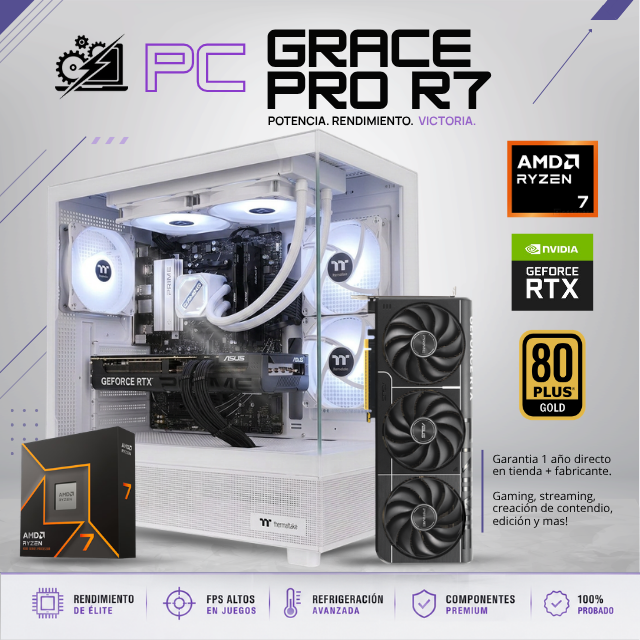 PC GRACE PRO R7 / AMD RYZEN 7 9700X / RTX 5070 TI / 32GB RAM DDR5/ 1TB SSD NVME / ENFRIAMIENTO LIQ 240MM / FUENTE 850W 80+ GOLD / B650 / W11 PRO / PROMOCION