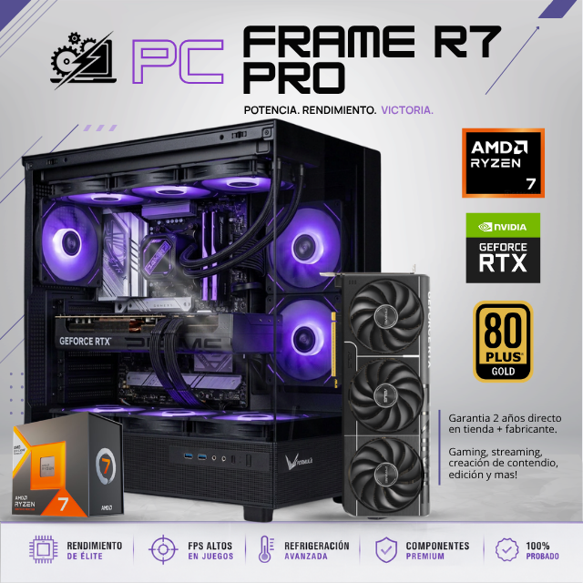 PC FRAME R7 PRO / AMD RYZEN 7 7800X3D / RTX 5070 TI / 48GB RAM DDR5 / 2TB SSD NVME / ENFRIAMIENTO LIQ 360MM / FUENTE 850W 80+ GOLD / W11 PRO / PROMOCION