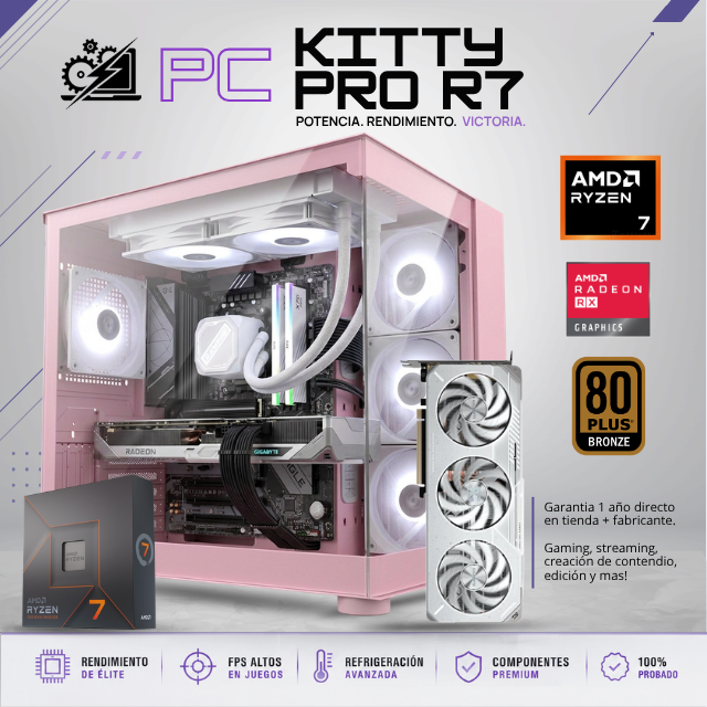 PC KITTY PRO R7 / AMD RYZEN 7 7700X / RADEON RX 9060 XT 16GB / 32GB RAM DDR5 / 1TB SSD NVME / ENFRIAMIENTO LIQ 240MM / FUENTE 700W 80+ BRONZE / B650 / WIFI Y BT / W11 PRO / PROMOCION